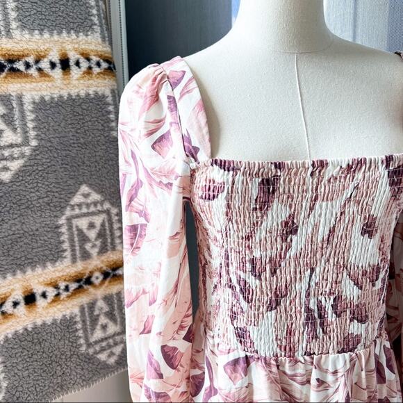 House Of Harlow 1960 White Pink Linen Blend Long Puff Sleeves Midi Dress Medium - Picture 2 of 9